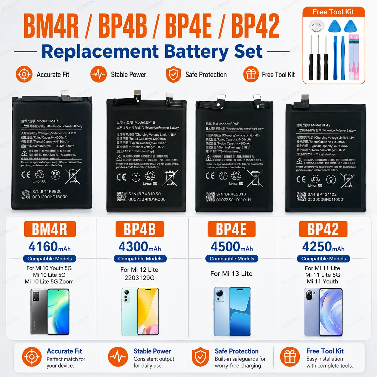 Premium Phone Replacement Battery BM4R BP4B BP4E BP42 For Xiaomi Mi 10 Lite 5G, Mi 10 Lite Zoom, 11 12 13 Lite With Tool Kit