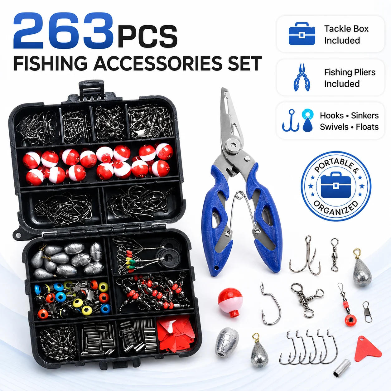 263-teiliges Outdoor-Angelzubehör-Set mit Tackle-Box, inklusive Zange, Jig-Haken, Bleigewichten, Wirbeln, Snaps und Bleigewichts-Slides.