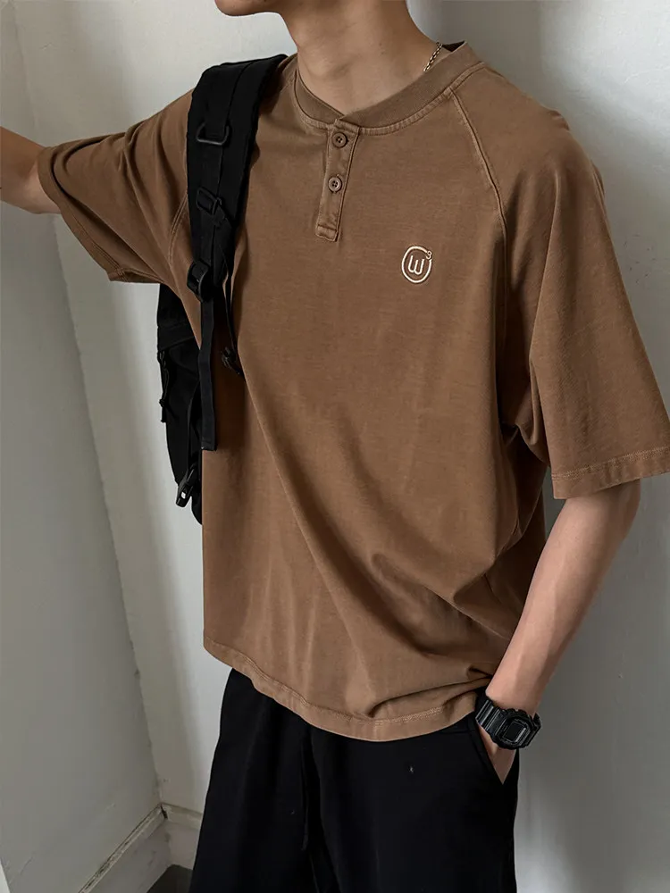 Mens Henley T-Shirt 100 Cotton Short Sleeve Loose Fit Oversized Embroidery Simple Trendy Summer Casual Comfort Fashion Tops