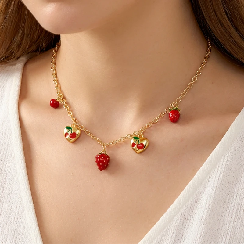 Romantic Red Cherry Heart Charm Necklace for Women Gold Color Sweet Strawberry Fruit Chunky Chain Choker Party Vacation Jewelry view 4
