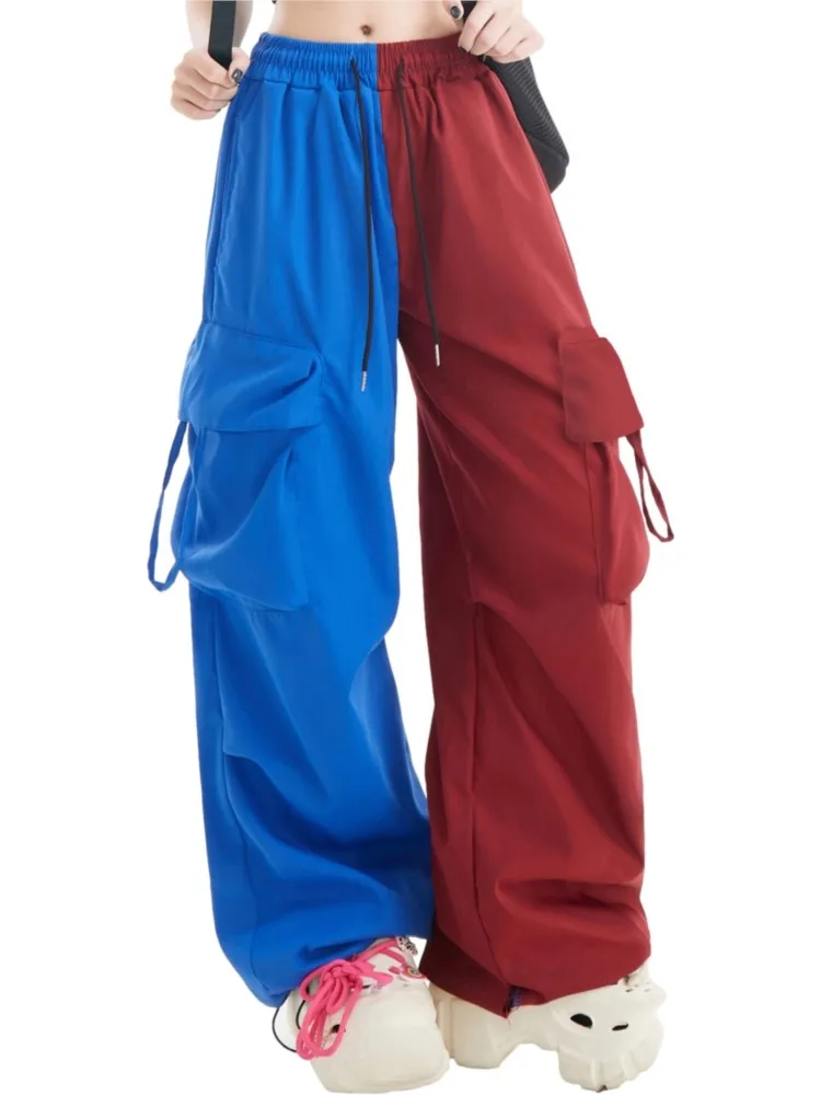Cargo Pants For Womens Contrast Color Wide Leg Pants With Pocket Straight Tube High Waist Wide Leg Trousers Stretch Streetwear