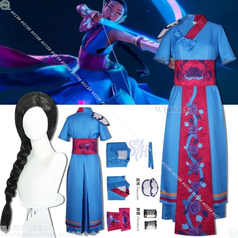 Anime Kpop Demon Cosplay Huntrix Ancestors ropa tradicional coreana azul estilo coreano Hanbok Retro Rosa patrón peluca Halloween