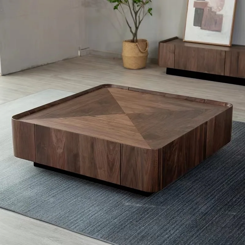 Mesa de centro de madera maciza minimalista italiana de estilo medieval francés, sala de estar moderna de alta gama, parquet para el hogar, café cuadrado de nogal
