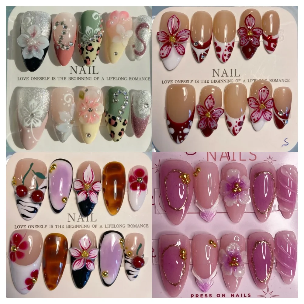 

10 шт., накладные ногти ручной работы, французский миндаль, накладные ногти, живопись, 3D цветочный дизайн, накладные ногти, многоразовый набор ногтей для женщин
