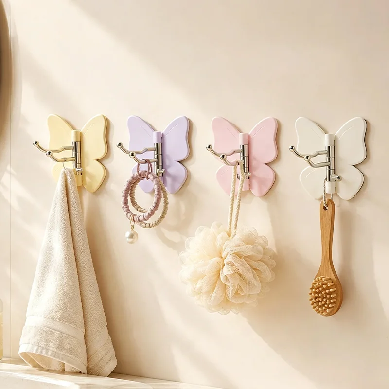 1/4PCS Self Adhesive Butterfly Wall Hook Rotatable Triple Hooks No Drill Heavy Duty Organizer for Towel Keys Bags Coat Rack