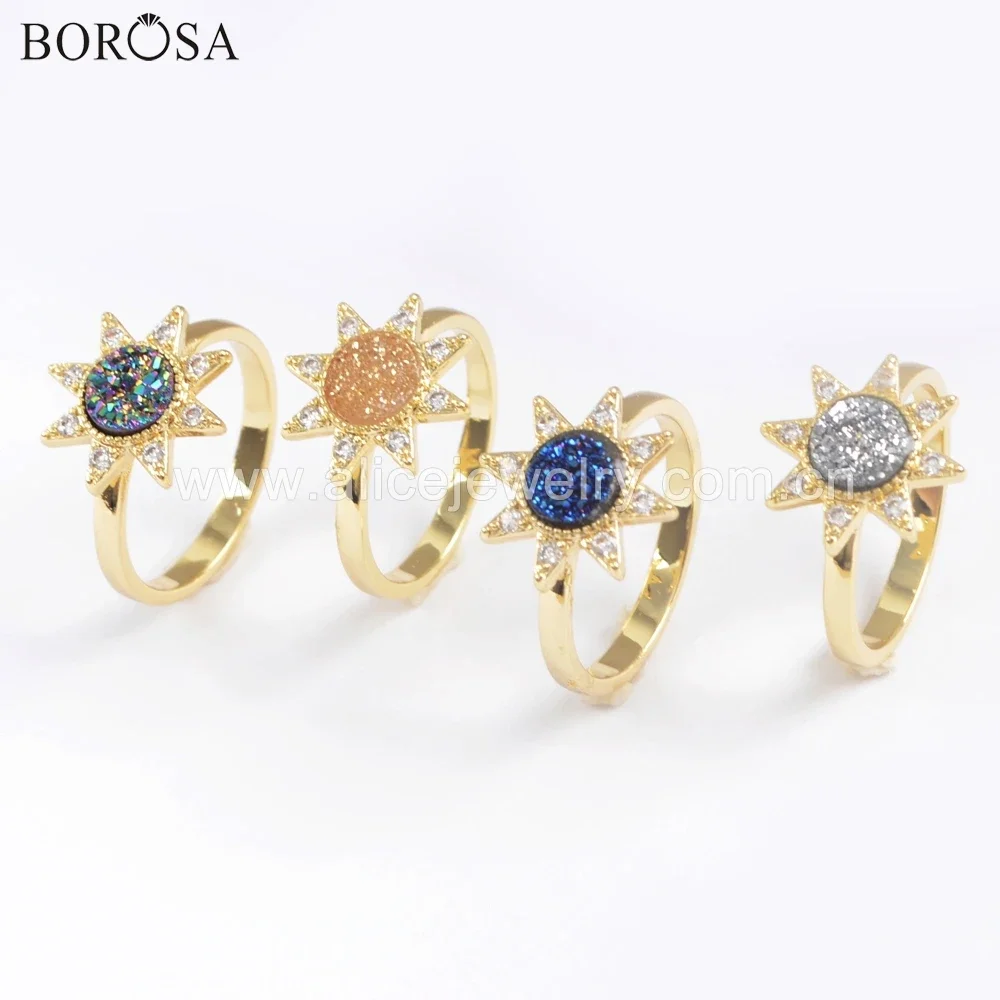 

BOROSA New Arrival Golden Plated Crystal CZ Micro Pave Star Shape 7mm Mix Colors Agates Druzy Rings Jewelry for Ladies Gifts