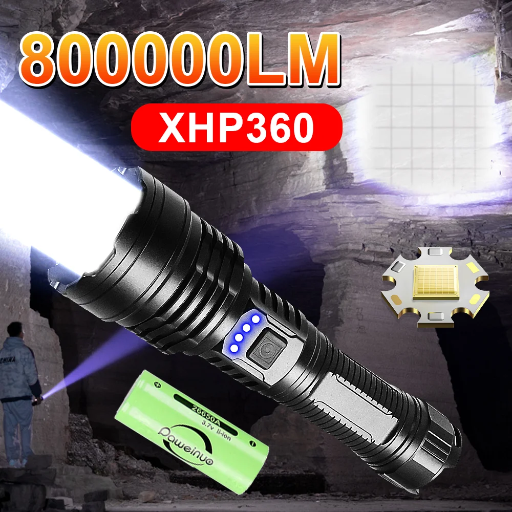 800000LM XHP360 High Power Super Bright Led Flashligths Ultra Powerful Rechargeable USB Charging Led Lantern Outdoor Hand Torch