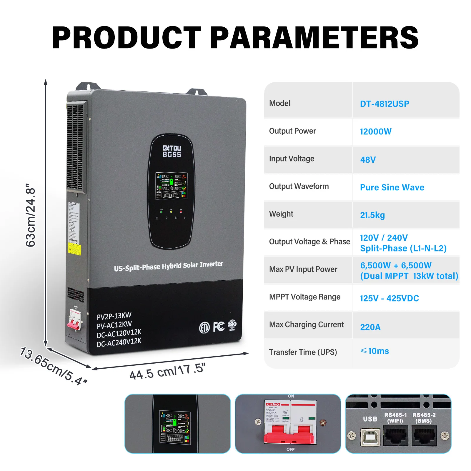 DATOUBOSS 12KW 240V Solar Inverter (Phase-Separated UPS), with Off-Grid Mode, Designed Specifically for the U.S. Market
