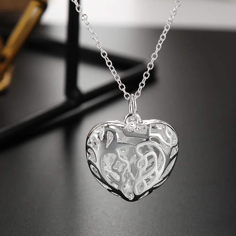 

925 Sterling Silver Necklace For Women Fine Heart Pendant Perspective Hollow 18 Inches Christmas Gifts Fashion Party Jewelry