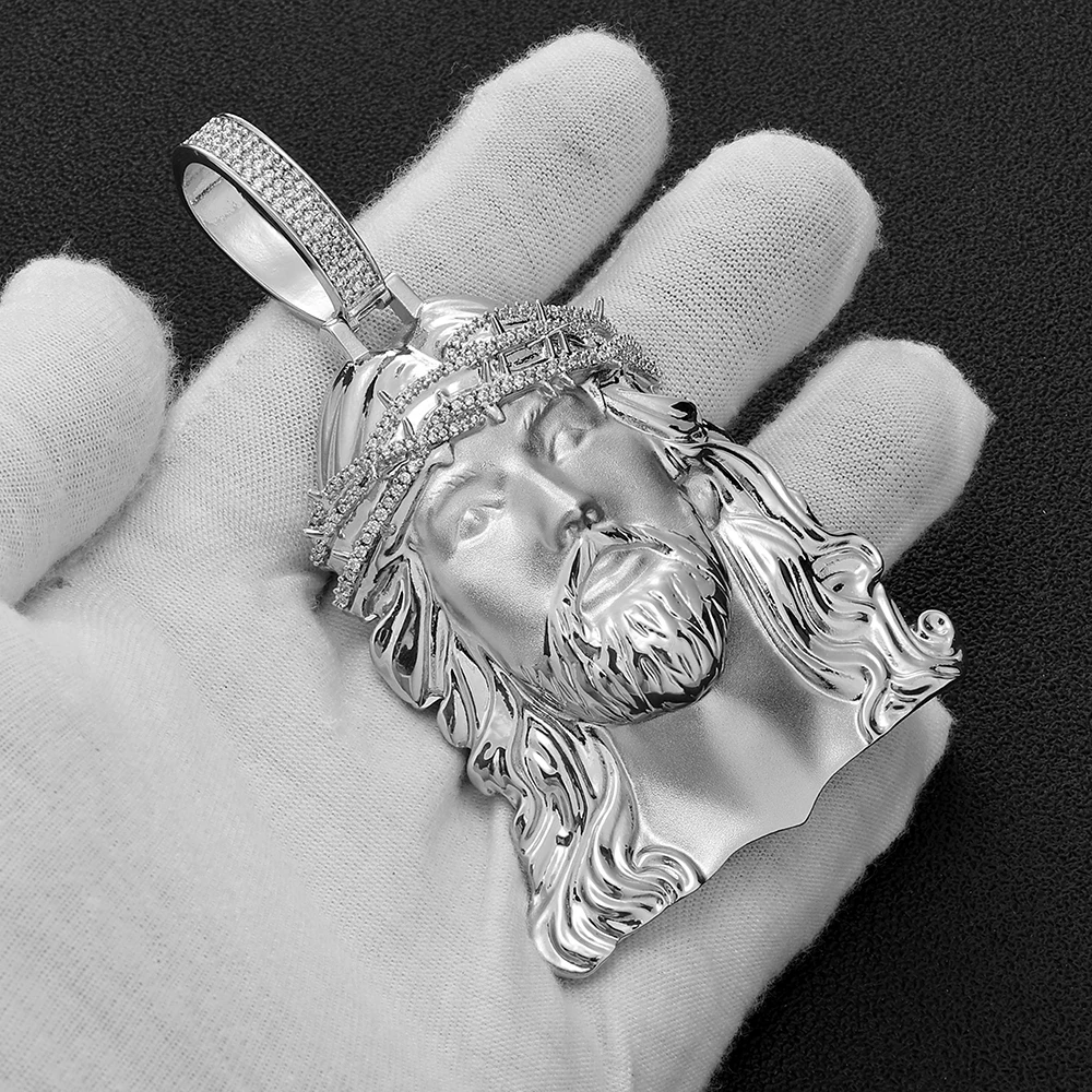 HHIOK Hip Hop Large Jesus Head Pendant Copper Inlaid Zircon Full Diamond Bail Thorn Crown Religious Pendant For Men Jewelry