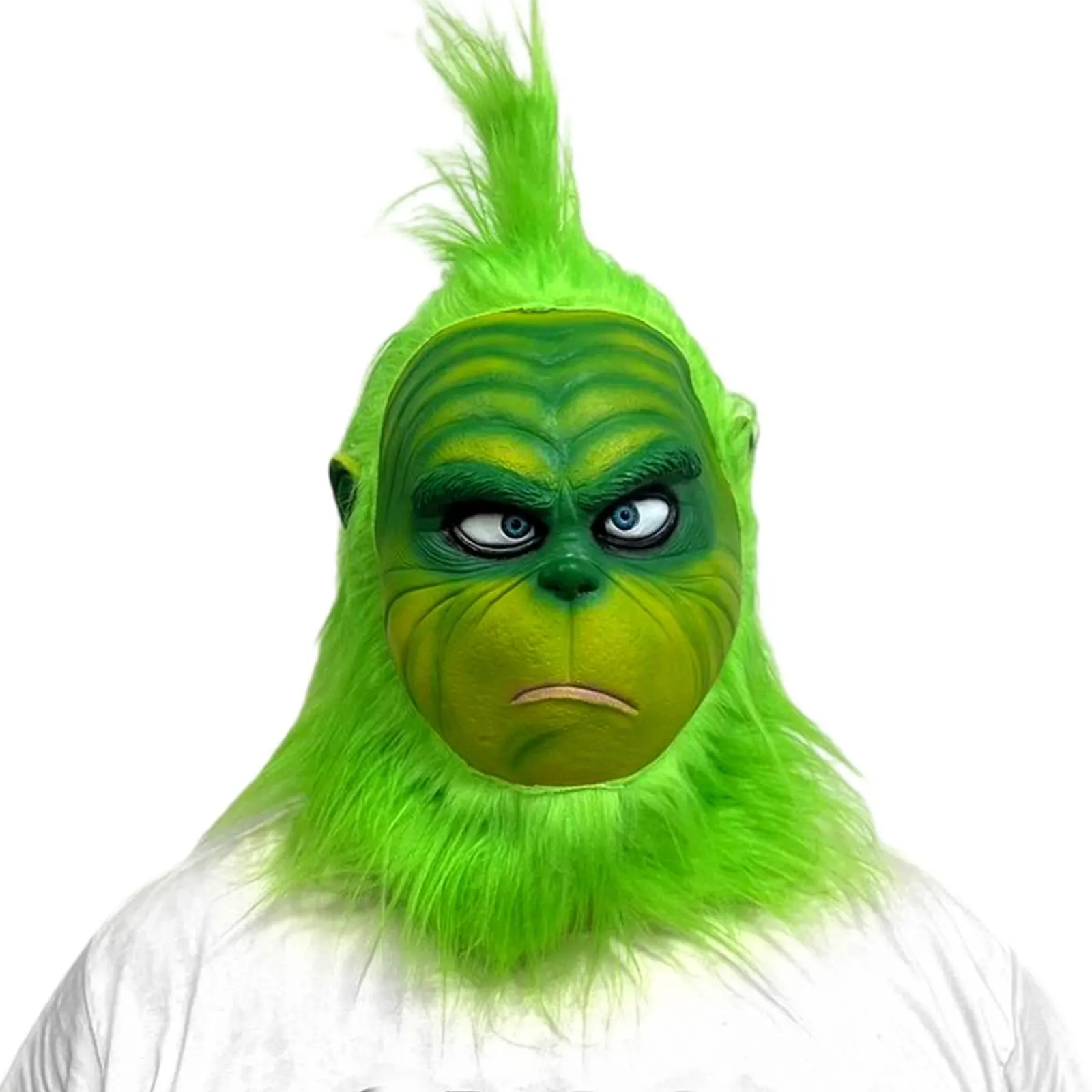 Disfraz navideño de celebridad de Internet: nueva máscara Grinch de látex verde con pelo largo - Sombrero de máscara de monstruo para dibujos animados navideños