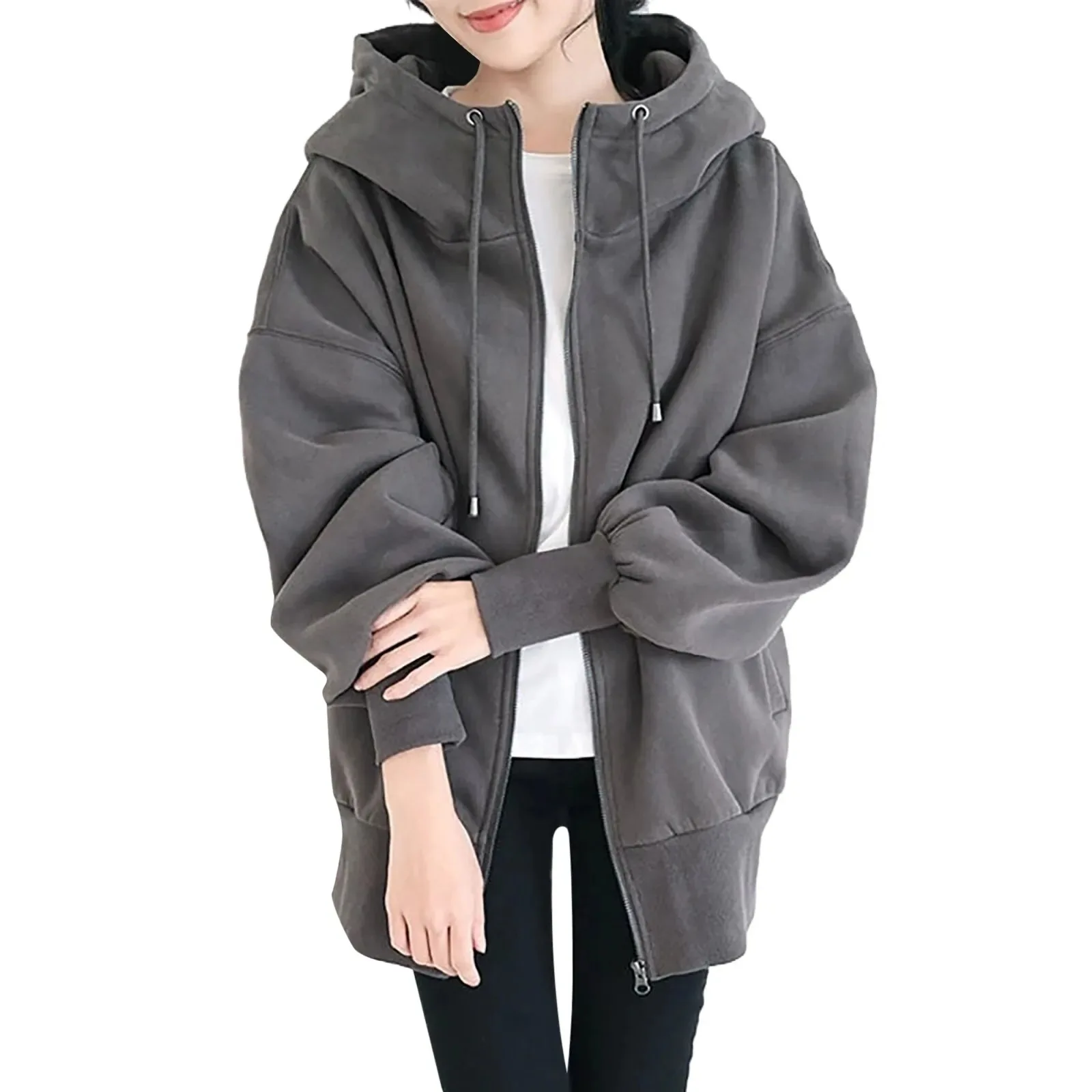 Hoodies women 2026 casual European Autumn Winter new lantern sleeve solid color zipper long fleece hoodie women's clothing