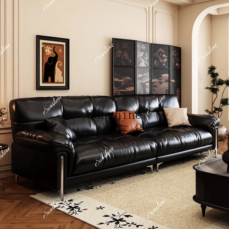 French oil wax leather sofa living room black light luxury retro straight row furniture  FT