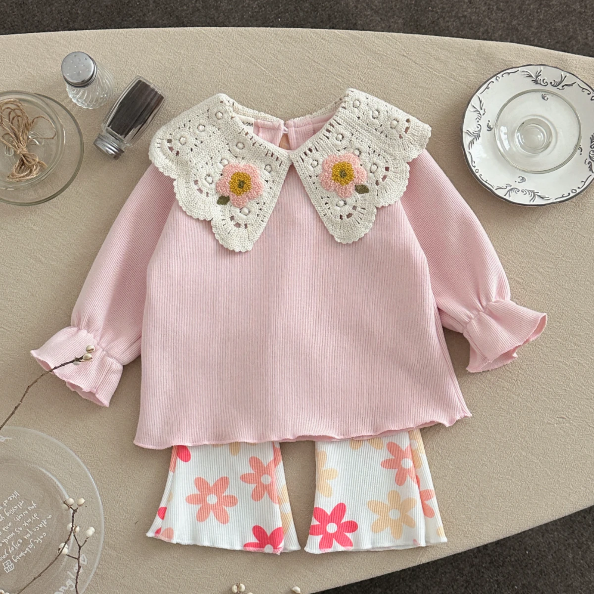 

Cotton Baby Girl Clothes Flower Embroidery Lapel Sweatshirt Elastic Bell-bottoms Clothes Fall Outfits Baby Clothing
