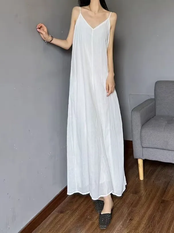 White Cotton Linen Loose Strap Dr Slimming Summer Long V-ne Dr Artistic Sle Women's Dr Commute Sle Midi Dr
