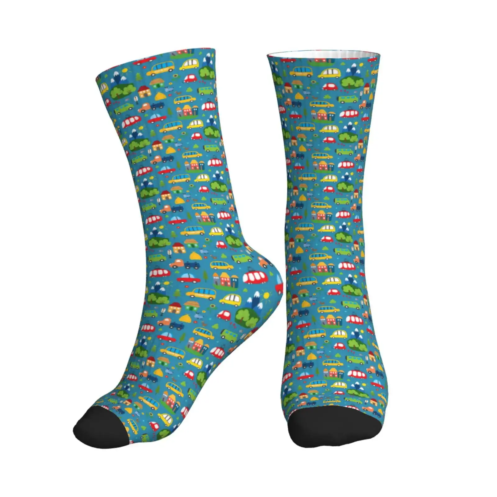 

Town Traffic Pattern Crew Socks, Colorful Vehicle & House Print Socks