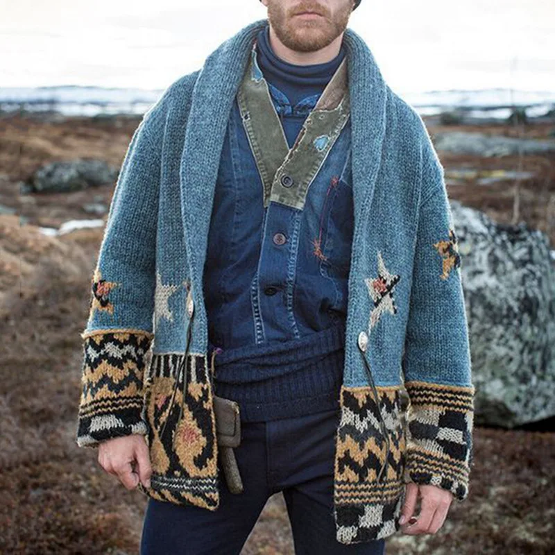 

Autumn Winter Vintage Pattern Printed Cardigan For Men Casual Long Sleeve Lapel One Button Coat Mens Fashion Loose Knitted Coats