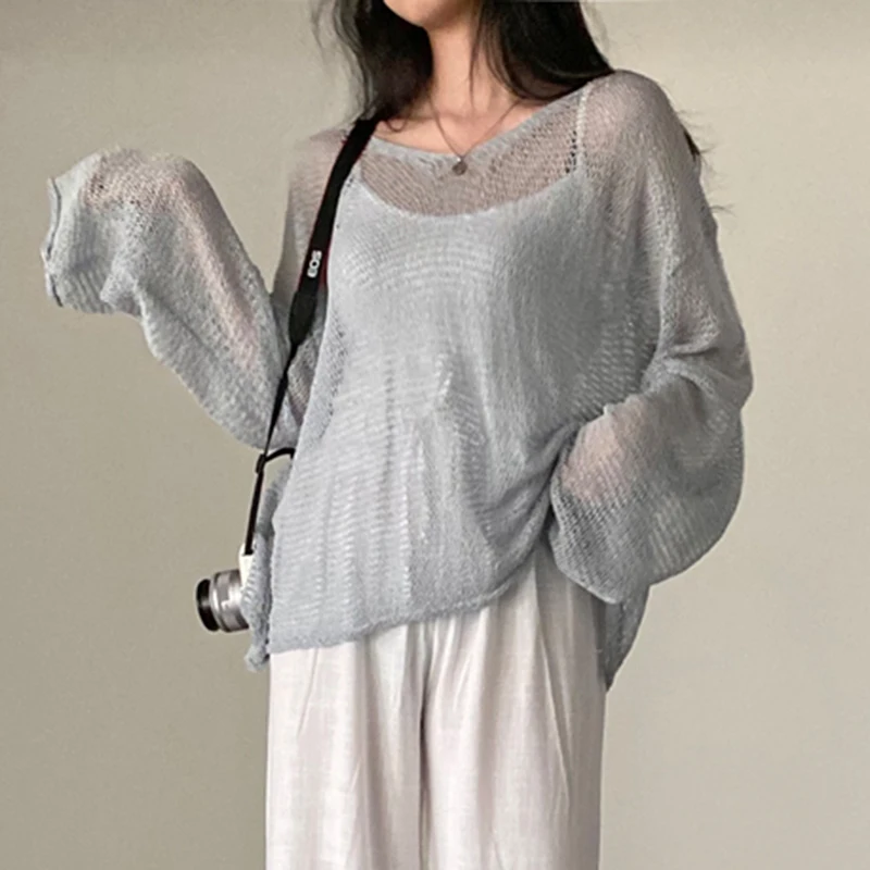 Y2K Korean Hollow Out Women Shirt Summer Fashion New Knitted Loose Female Blouse Casual All Match Long Sleeve Solid Ladies Tops