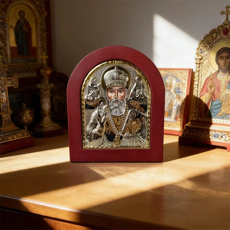 Byzantine Orthodox St. Nicholas Icon Silver Plated Handmade Wooden Religious Christian Home Altar Decor Devotional Gift 13x11cm