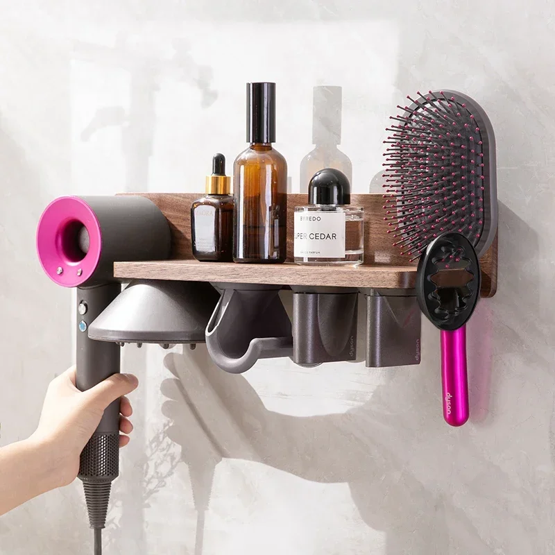 Dyson Hair Dryer Holder, Walnut Wood, Punch-Free Hanger, Light Luxury Storage Rack, Wall Hanging Shelf, Bathroom Storage