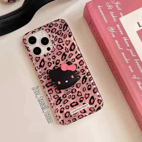 Leopard Pink Kitty Grip Tok Holder Laser Lining Hard Phone Case for Samsung Galaxy S24 Ultra S23 Plus S22 S21 FE A31 A51 A30 A50