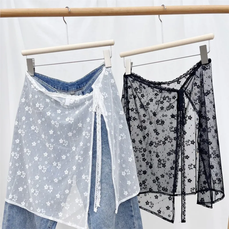 INS Blogger Gonna di garza a strati di pizzo Y2k Streetwear Grembiule Gonna avvolgente Pantaloni coordinati con lacci Ragazza piccante Gonna avvolgente Y2k impilata