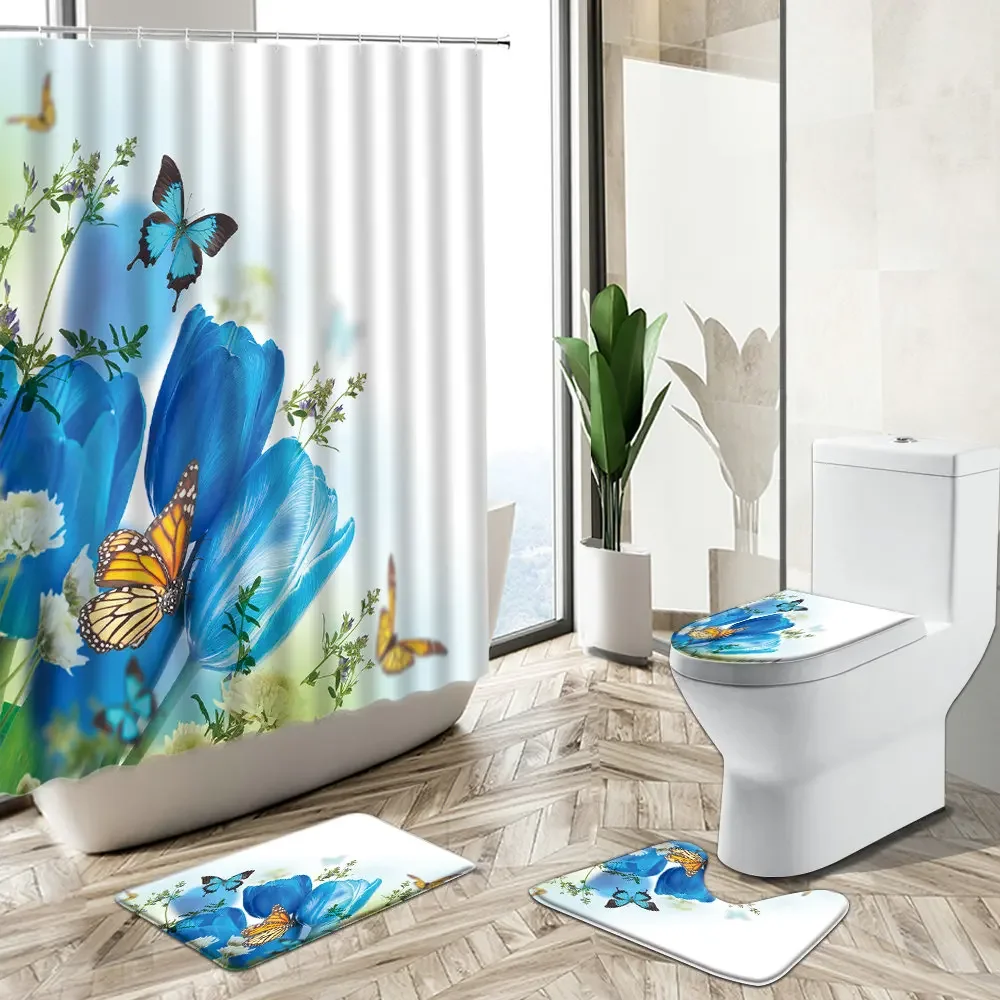 Flower Scenery Shower Curtain Spring Colored Tulip Butterfly Landscape Home Decor Bath Mat Toilet Lid Cover Bathroom Carpet Set