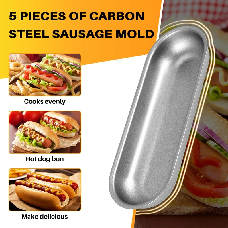 ก้อนกระทะ 5 ชิ้นแม่พิมพ์สุนัขร้อนเหล็กคาร์บอนไส้กรอกแม่พิมพ์ไม่ติดภาชนะ