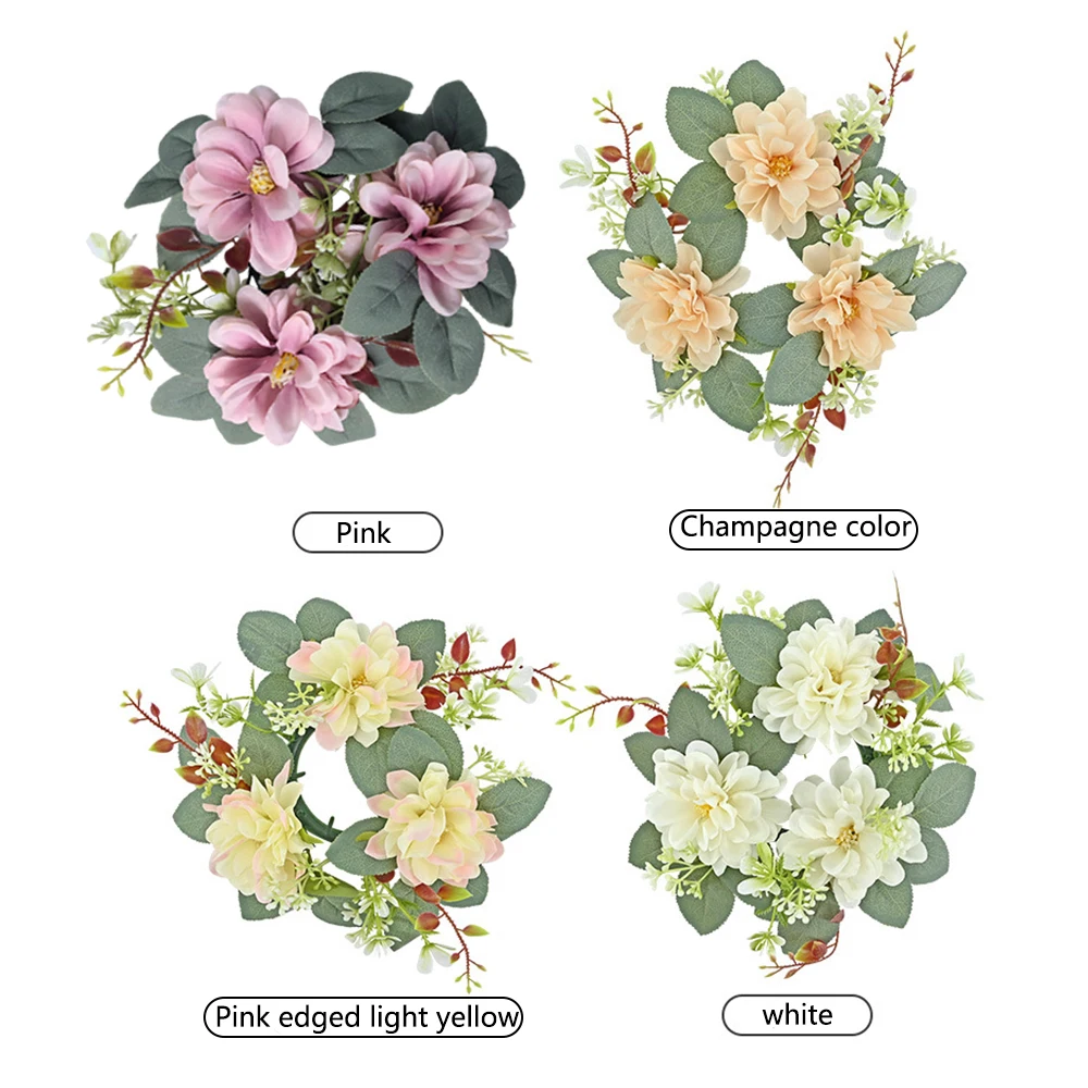 2 Stück Kerzenständer-Girlande, florale Kerzen-Mittelstücke, Dahlie-Kerzenkranz, Kerzenring, Teelichtkerze, künstlicher Pflanzenkranz – Detail 5