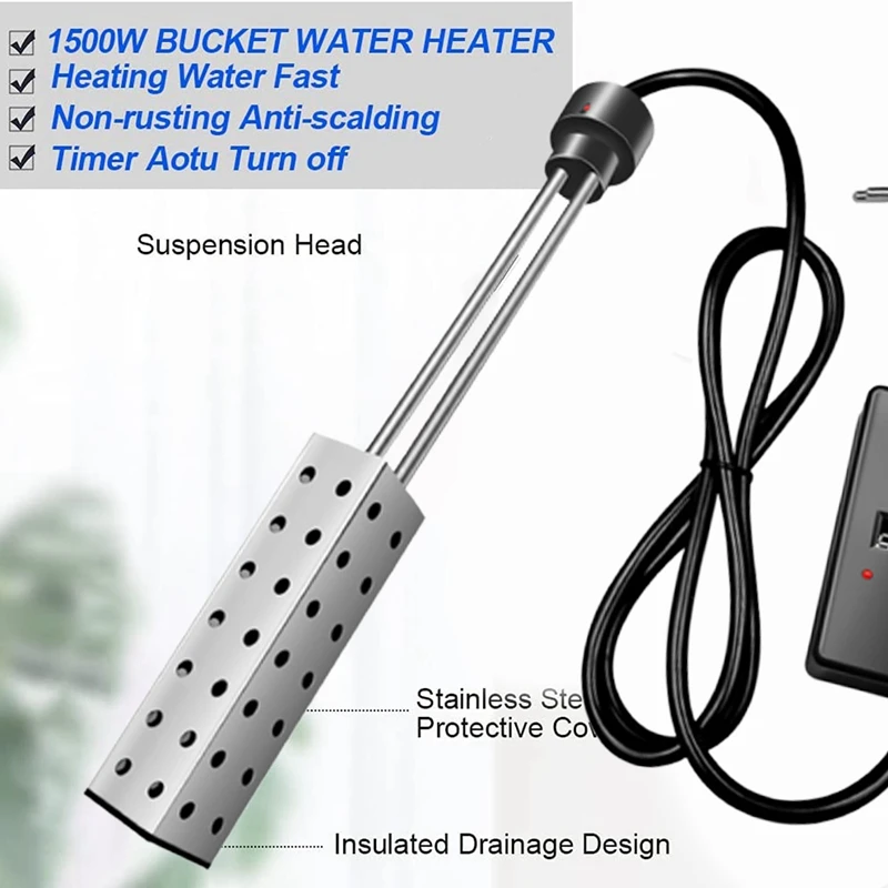 Immersion Water Heater 2500W Electric Bucket Heater With Timer Auto Shut Off Hot Tub Heater For Home Winter EU Plug