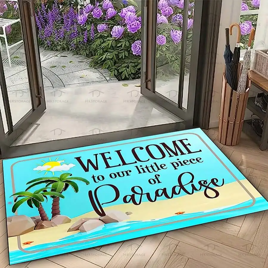 Welcome to Paradise Doormat - Tropical Beach Palm Tree Floor Mat, Summer Entry Rug, Non-Slip, Multiple Sizes