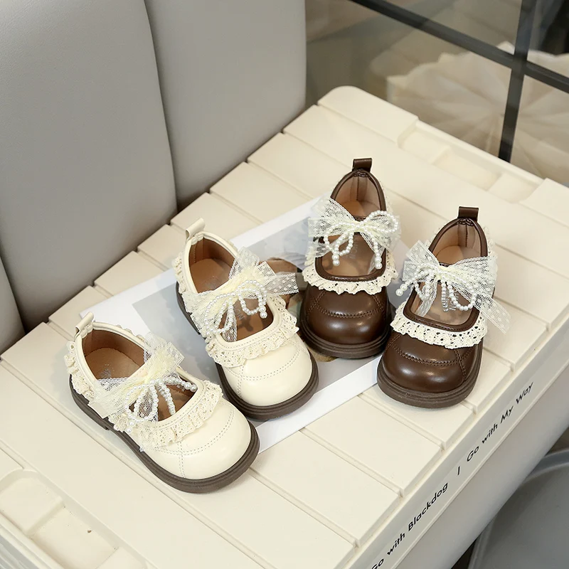 2026 Spring and Autumn New Girl Leather Shoes Retro Fashion Children's Lace Pearl Princess Elegant Preschool Flat Shoes