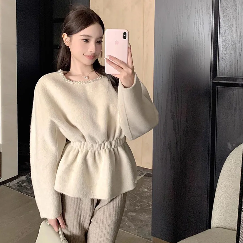 Korean New Beaded O-Neck Pullover Woolen Coat For Women's Temperament 2024 Autumn Winter Quality Faux Wool Blends Jacket Tops