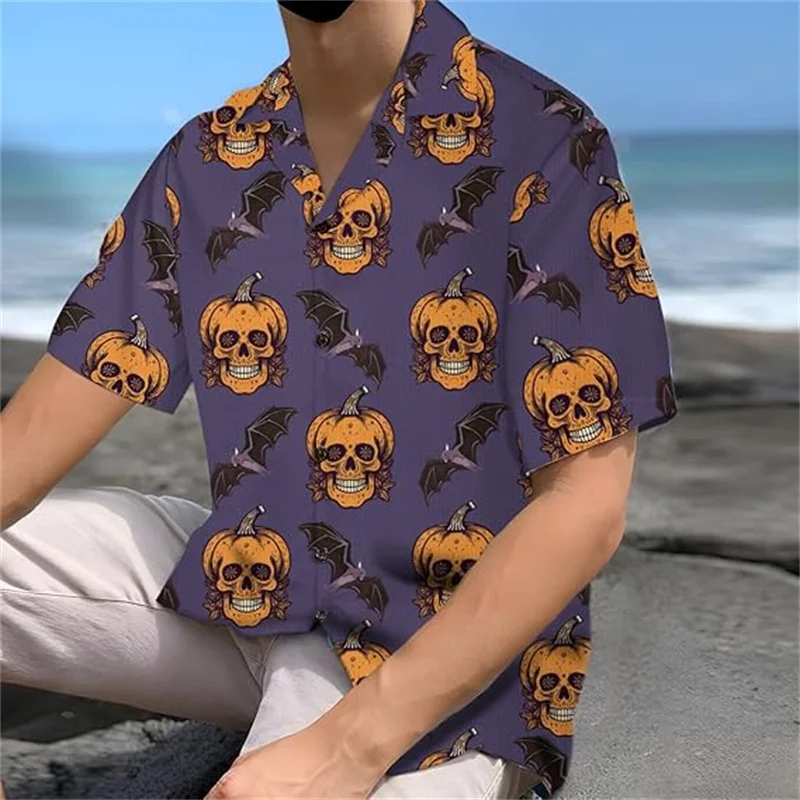 Magical Skeleton Men's Short sleeved Shirt Halloween Pumpkin Bird 3D Cat Print Summer Fashion Cool Hawaii Beach Party Top