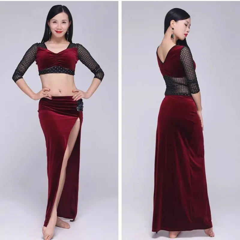 Customized Golden Velvet Belly Dance Costume Oriental Dance Practice Performance Dress Large Size