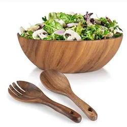 Acacia Wooden Salad Bowls Large Serving Wood Salad Bowl Solid Hardwood Salad Mixing Bowl Spoon Forks  For Fruits Vegetables
