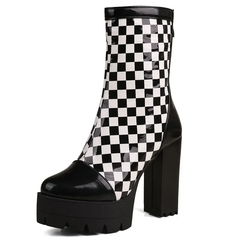 

Plus Size 47 48 Checker Designer Women Shoes White Black Contrast Color Round Toe Platform Block High Heels Modern Boots Lady