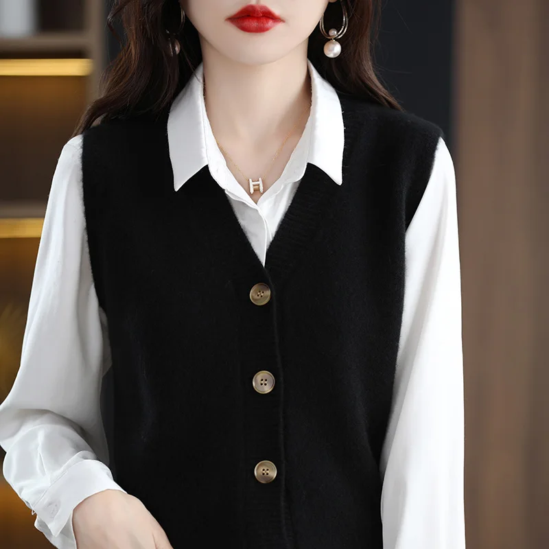 Girls Wear New Women\'s Loose High-End Waistcoat Knit Vest Wool V-Neck Solid Color Button Sleeveless Fashion Coat Cardigan Trend