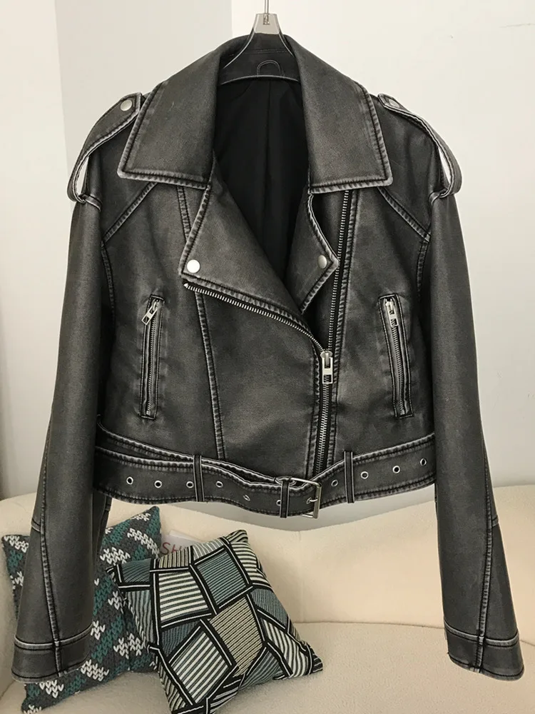 ZMEENNA Womens kunstleer jas bijgesneden asymmetrische zip-up jas klassieke groene klinknagel gordel punk bovenkleding ZM3367