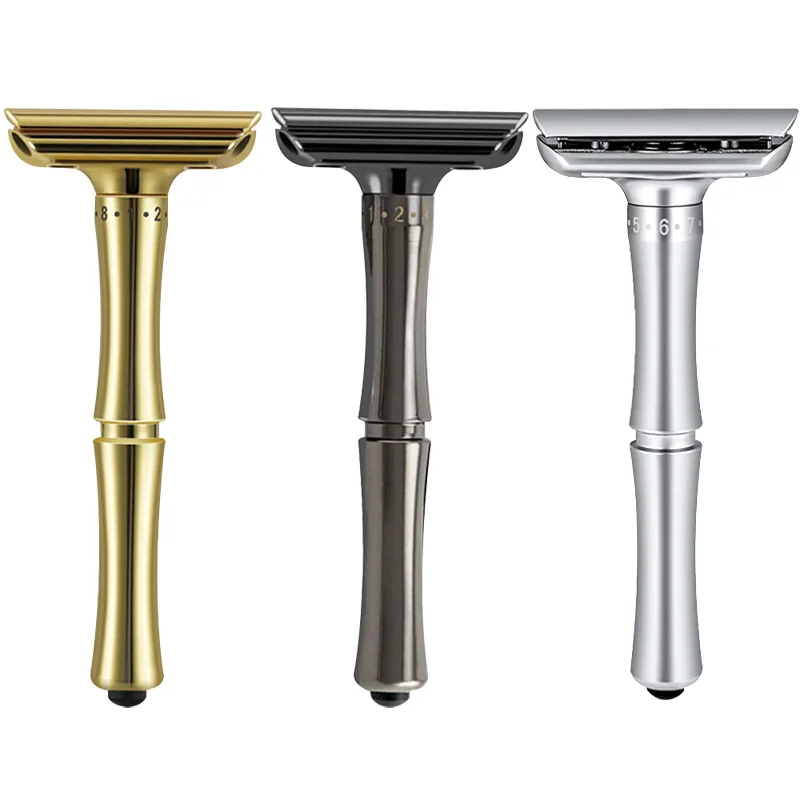 

Manual Safety Shaving Razor 1-8 Sharpness Adjustable Shaver With One Key Replacing System & 5 Advanced Platinum Blades