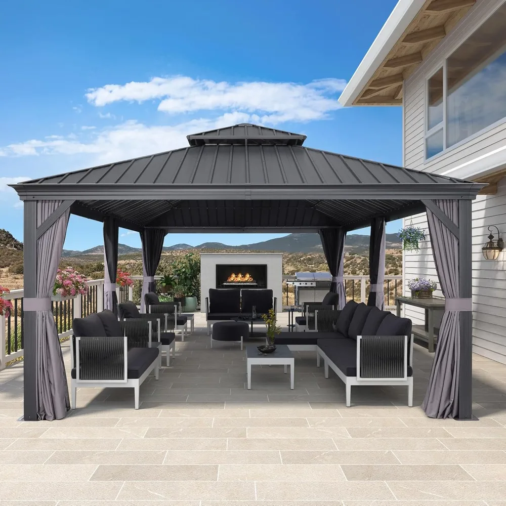 

12' X 24' Large Gazebo with Galvanized Steel Double Roof Outdoor Patio Gazebo for Lawn and Garden Permanent Hardtop Gazebo