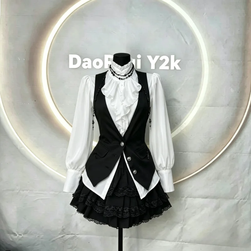 2026 French Vintage 3 Piece Court Style Outfit Women Elegant Blouse Vest Mini Skirt Retro Evening Party Daily Skirts Set