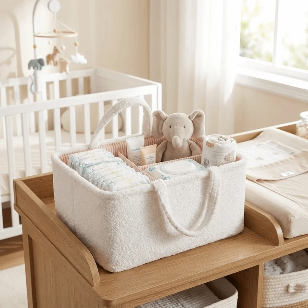 Portable Mommy Diaper Bag Plush Material Large Capacity Feeding Bottle Organizer Durable Multifunctional Storage Basket