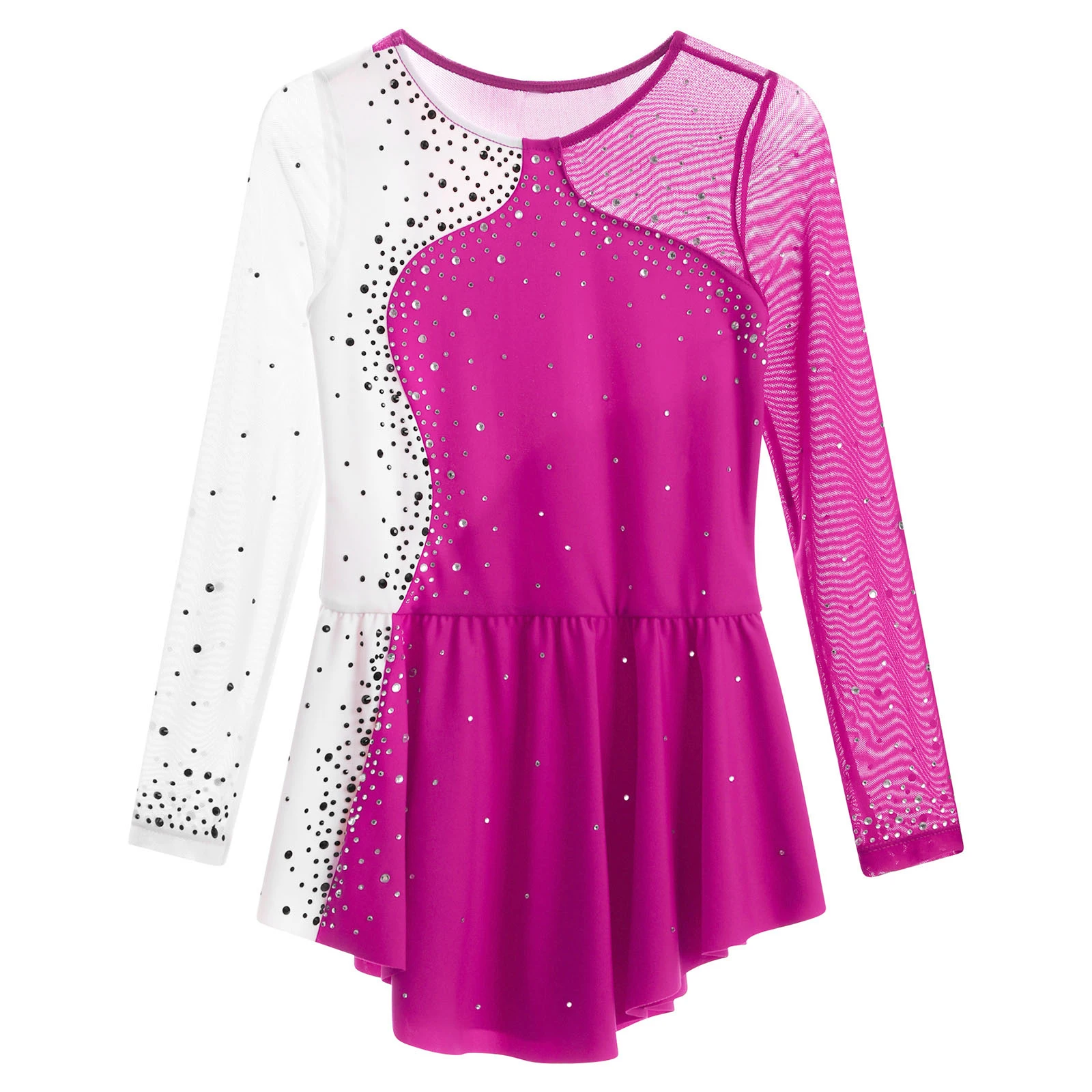 Kids Girls Long Sleeve Figure Skating Dance Dress Ballet Tutu Artistic Gymnastics Leotard Shiny Rhinestone Sheer Mesh Dancewear