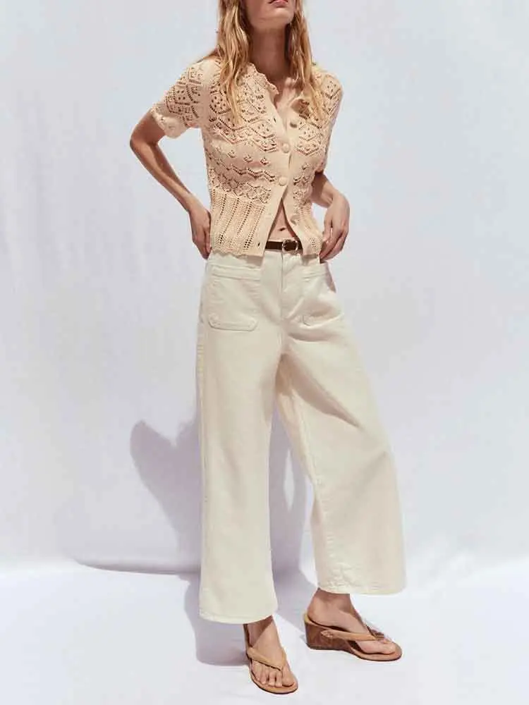 

European style new women's fashion versatile simple jacquard mesh round neck short sleeve knitted jacket