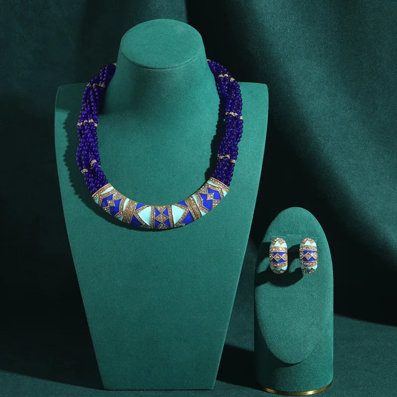 

Rhinestone Vintage Blue Beads Layered Jewelry Sets Natural Stone Short Choker Necklace Stud Earrings Bohemia Party Accessories