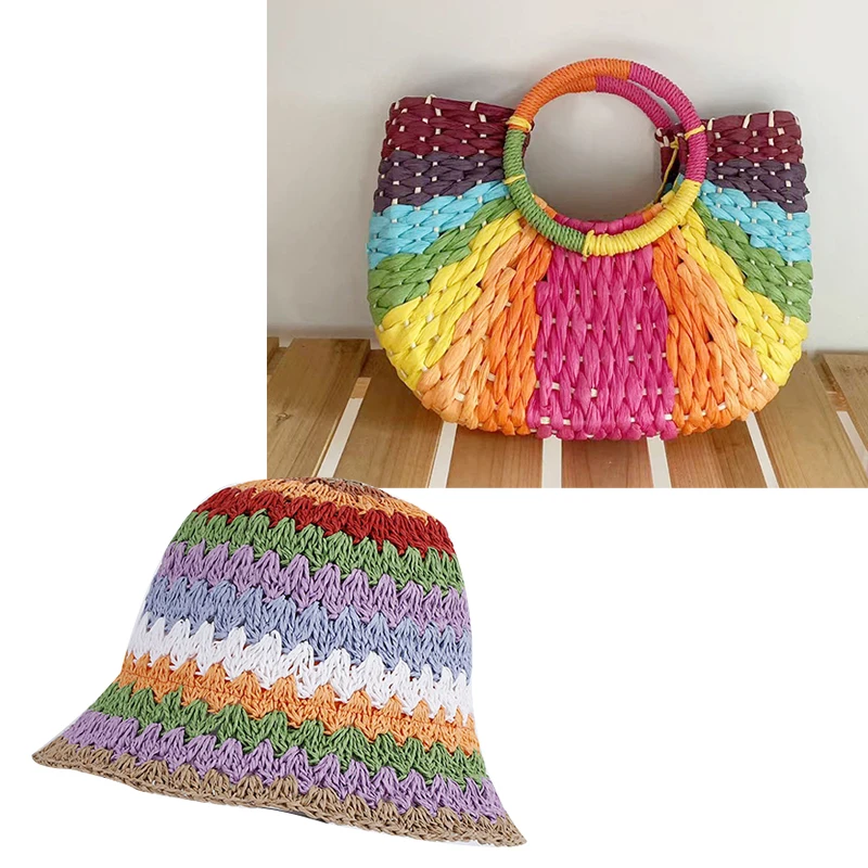 New Straw Hat Set Colorful Woven Grass and Striped Colorful Hat Set Bohemian Style Fashion Elegant Sun Hat Beach Bucket Hat