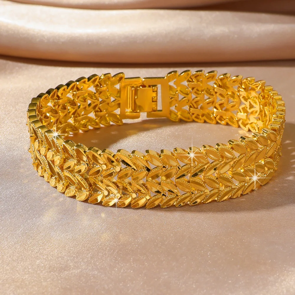 

Роскошный женский двухрядный браслет из чистого золота 9999 пробы с пряжкой из пшеничного уха