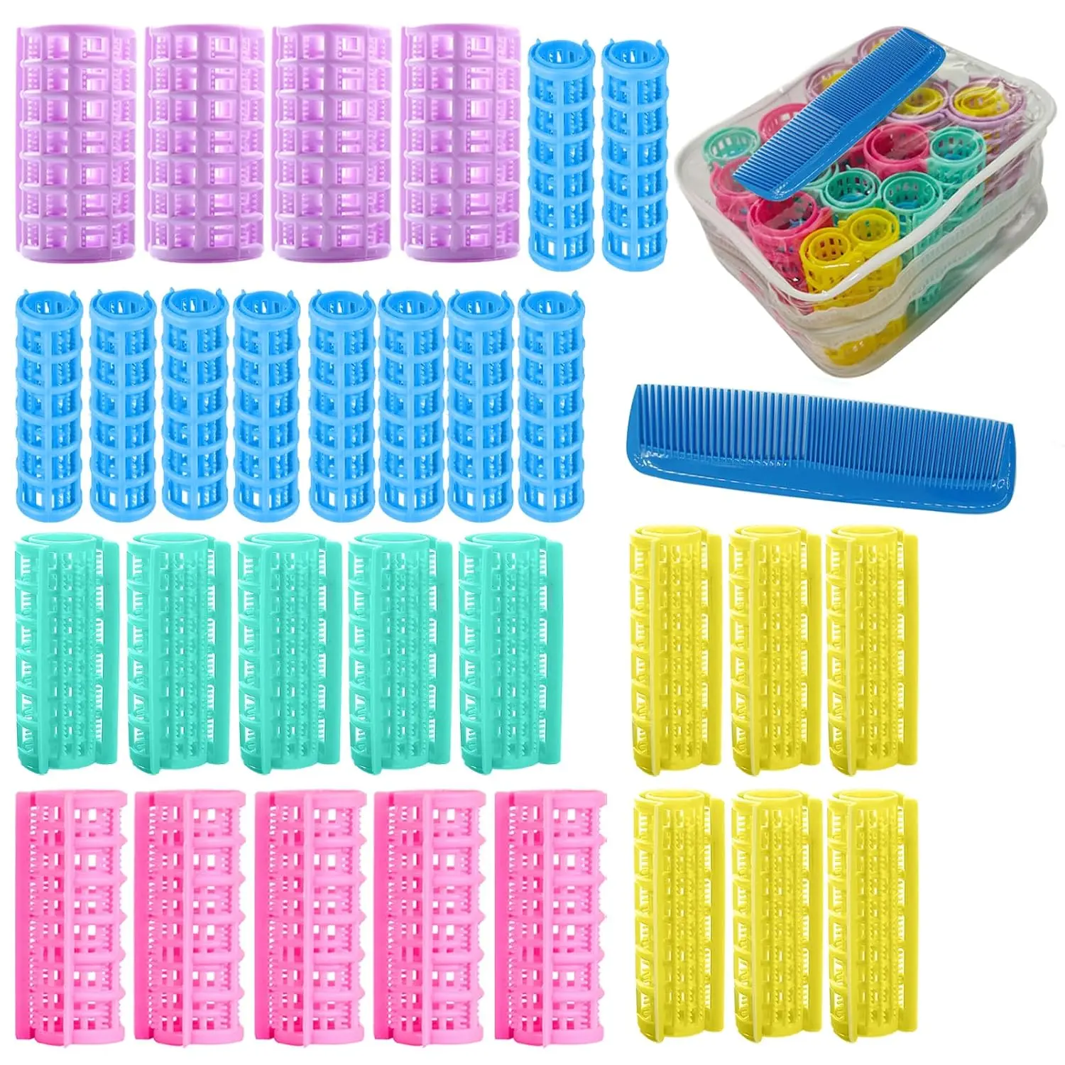 

30pcs Plastic Hair Rollers Set, Self Grip No Heat Curlers for Long Medium Short Hair, 5 Sizes with Mini Comb