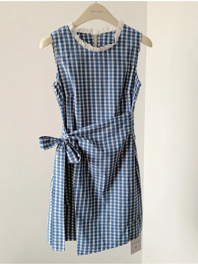 Summer French Sleeveless Mini Dress Mori Girl Women 2000s Aesthetic Plaid Frocks Korean Fashion Design One-Piece Old Money Tide